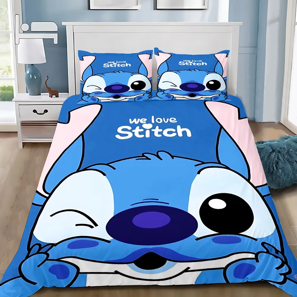 ผ้านวมปลอกหมอนชุดเครื่องนอนน่ารัก Stitchs คู่ผู้ใหญ่เด็กผู้หญิงตกแต่งห้องนอนเด็กเดี่ยวคู่ขนาดใหญ่