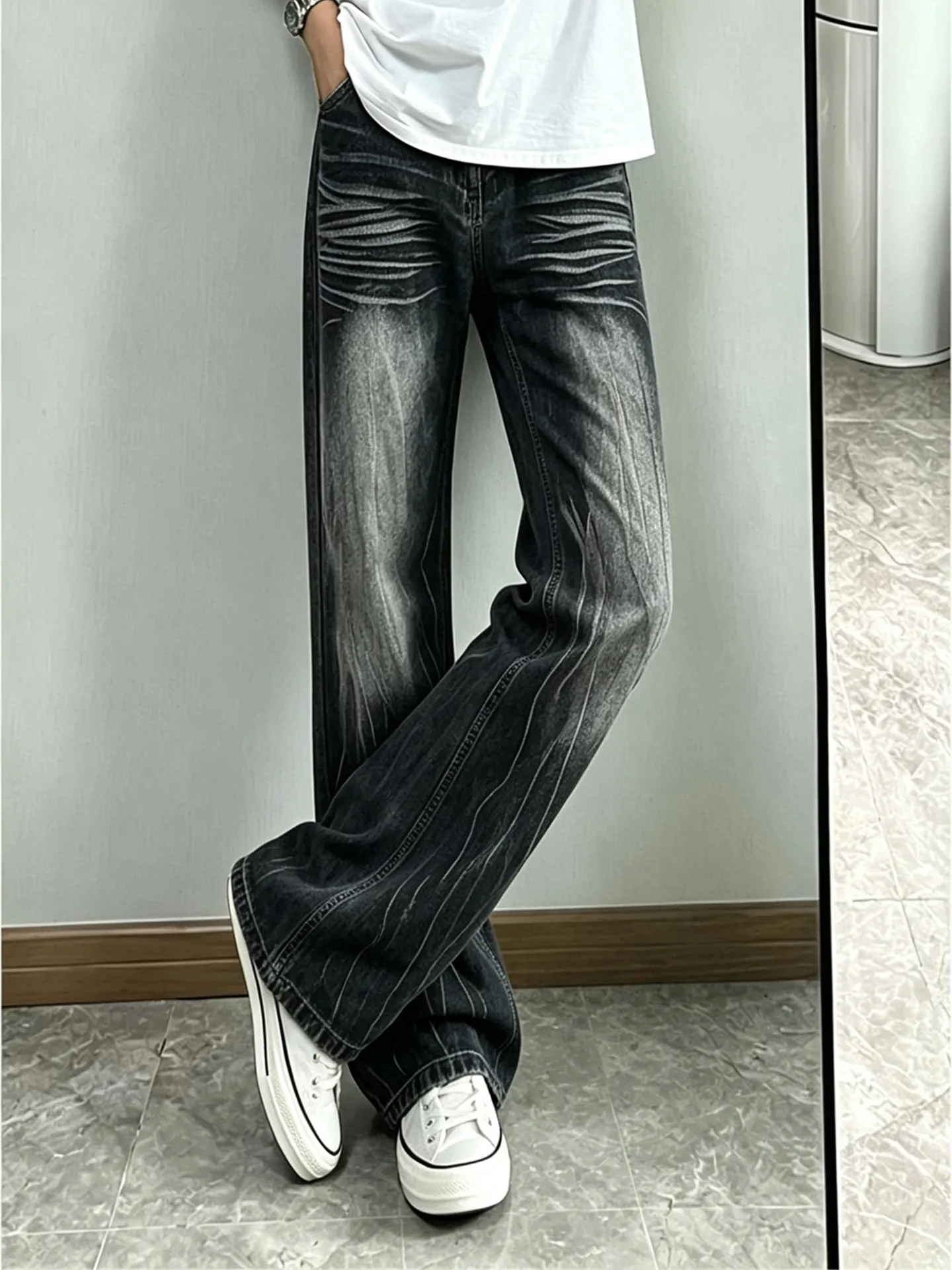Cleanfit Men's Jeans High Street Straight Leg Slimming Knife  Black Gradient Lightning Pattern Micro Flared Denim Pants
