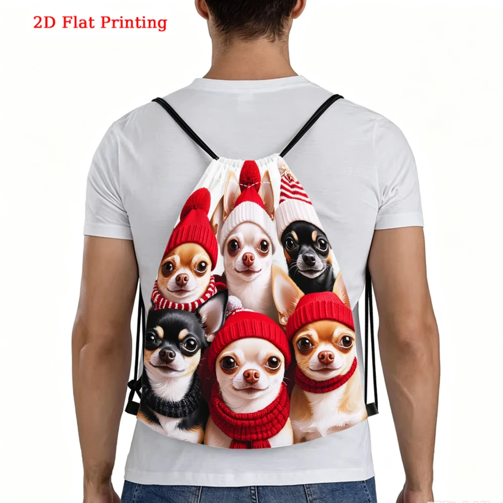 Cute Chihuahua Dog Pattern, Drawstring Backpack, 2D Flat Printing Winter Hat Design, Fitness Sports Bag, Outdoor Travel Sack