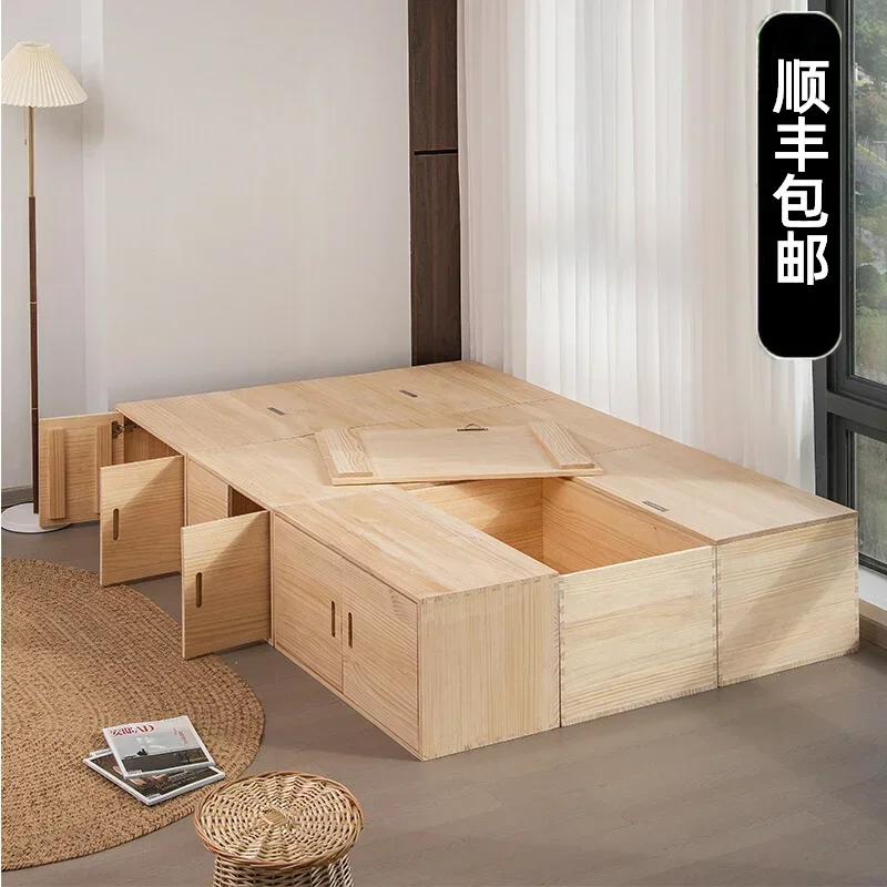 Tatami bed wooden box storage  bay window solid wood storage room bed mobile widening finishing customization
