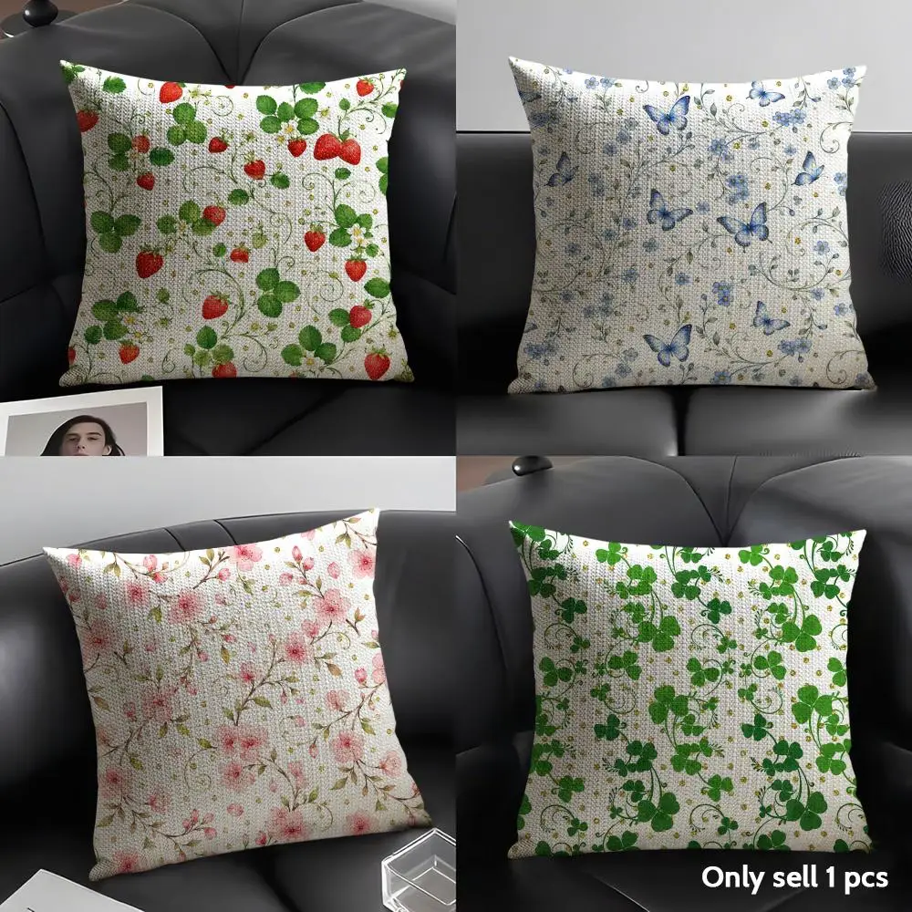 Lucky Four-Leaf Clover Cushion Cover Natural Linen Organic Fabric Double-Sided Printing Breathable Perfect Gift For Decor