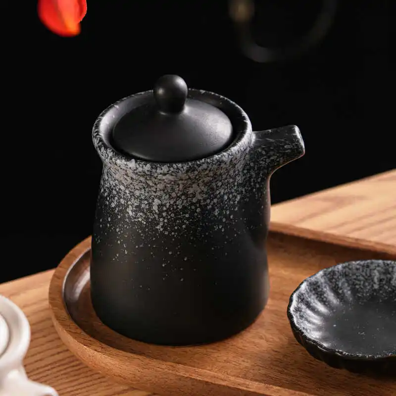 Ceramic Soy Sauce Dispenser, Handmade Dot Art Cruet,Creative Kitchen Oil Bottle with Wooden Stand,Oriental Dining Gift