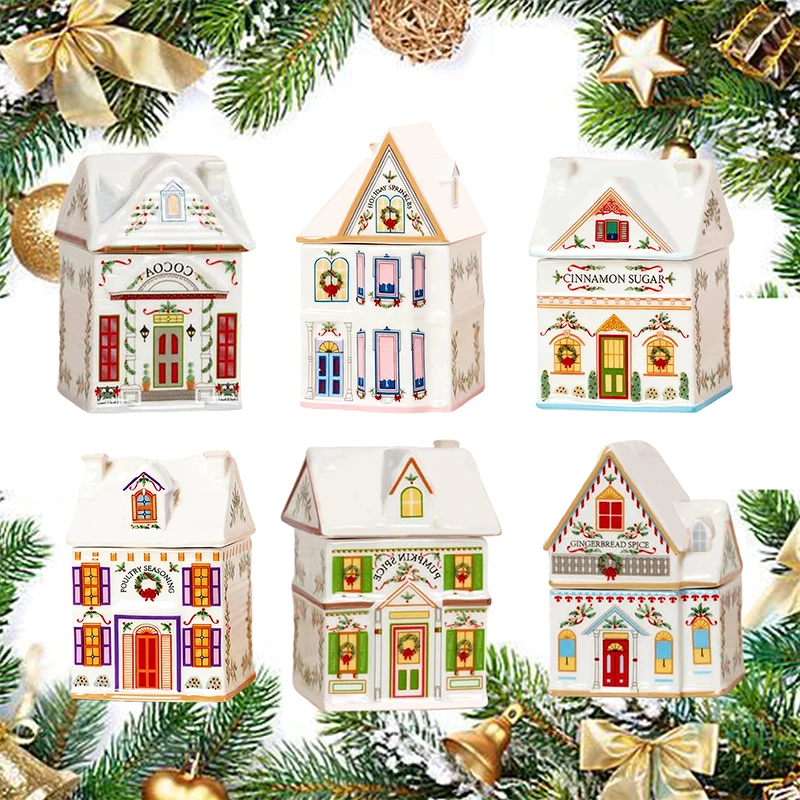 Juego de casa de especias de pueblo festivo, mini tarros de casas de jengibre navideñas, vela navideña para encimera de cocina de decoración festiva