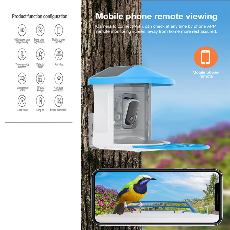 1080P HD Wireless Smart Bird Feeder with Camera APP Night Vision Solar Panel AI Bird Identify IP65 Waterproof Outdoor Birdhouse