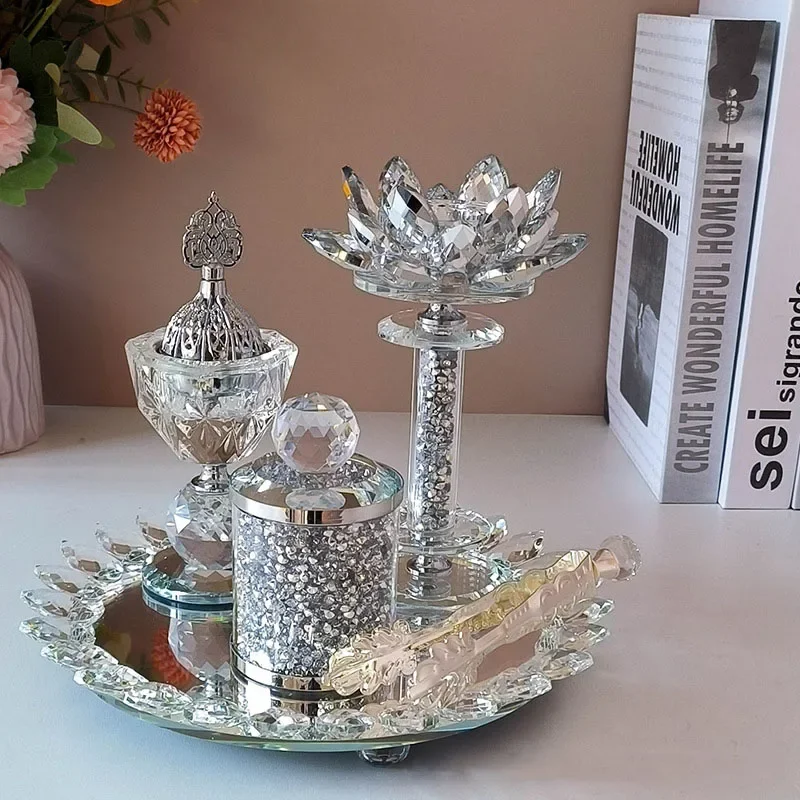 Crystal Glass Incense Burner Set Arabic Luxury Diamond Muslim Censers Sticks Hold for Home Wedding Ramadan Decoration 2024