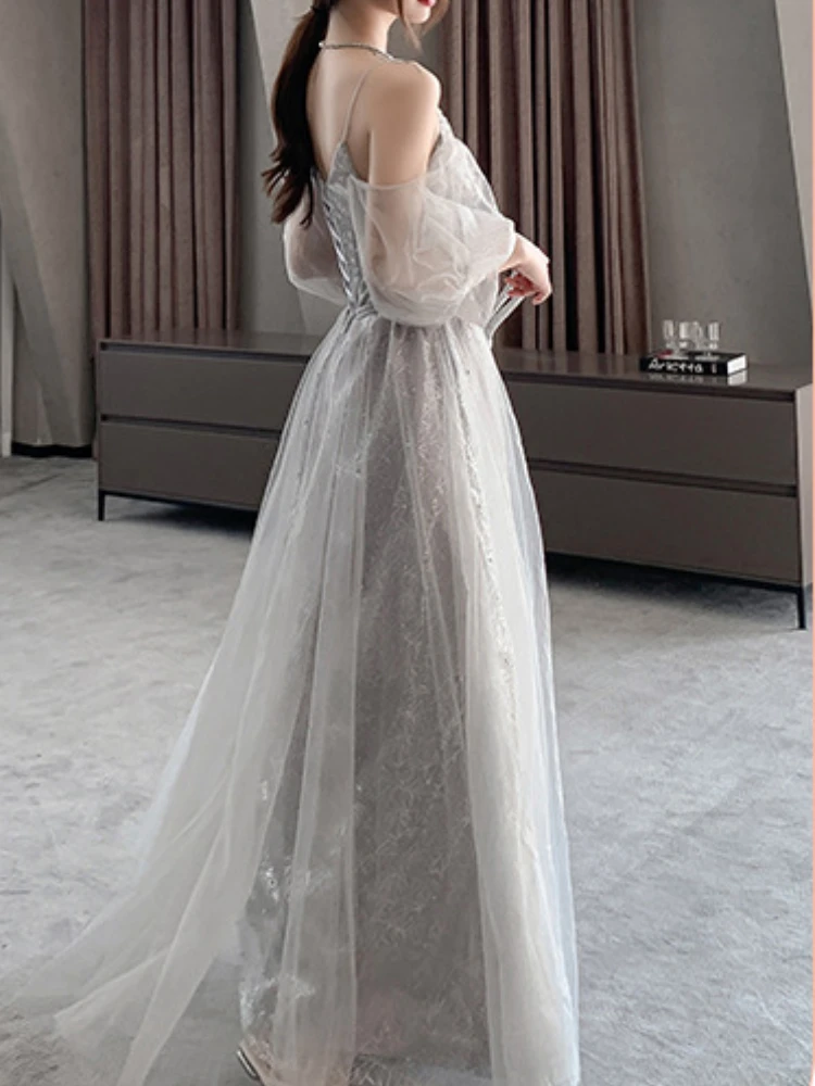 Customized Temperament Lace Spliced Puff Sleeve Bridesmaid Dresses Exquisite Luxury Embroidery Appliques Vestidos Long Sequin P