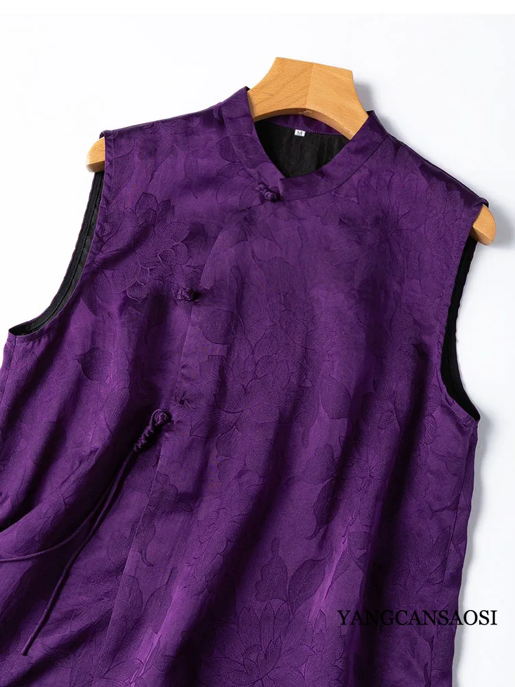 Breathable 100% Natural Mulberry Silk Gambiered Guangdong Gauze Artistic New Chinese Style Women's Fashion Rich Purple Vest