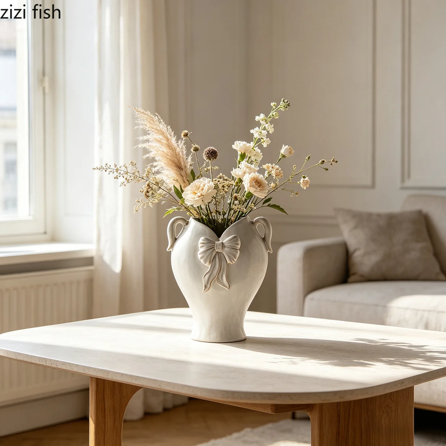Cream Style Relief Bow Ceramic Vase Creative Hydroponic Vase Flower Arrangement Vase Dining Table Decoration Home Decoration