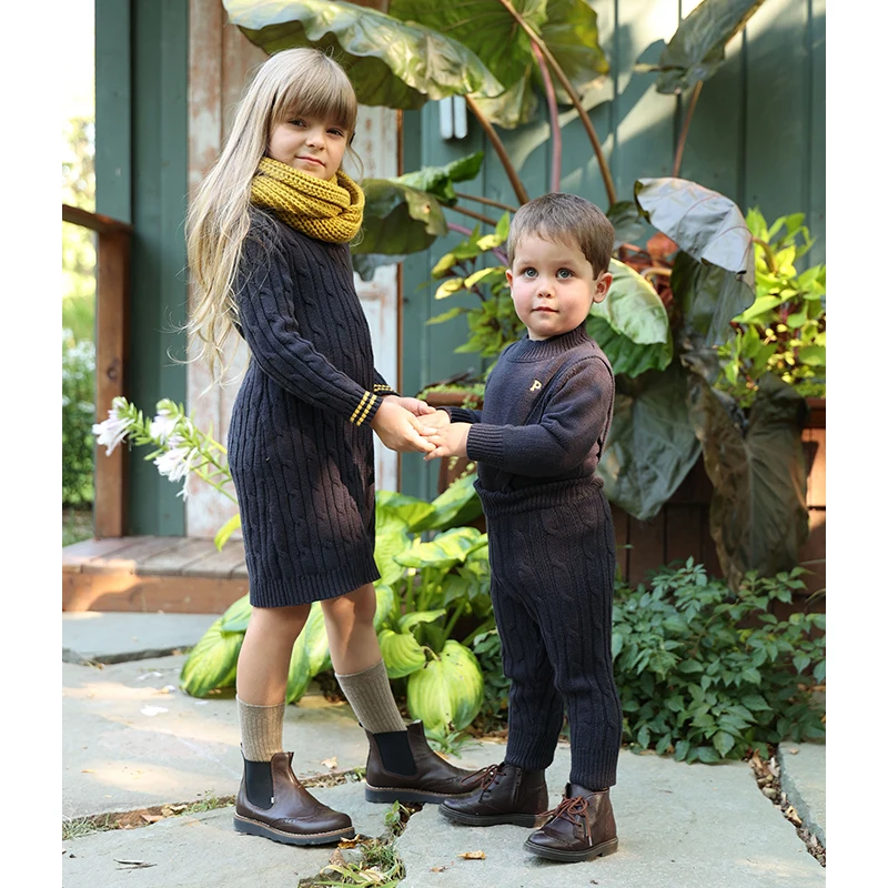 Ali Plus AW25 Cable Collection Knitted Dress Sweater Set Leggings Romper Brother Sister Family Matching Navy Blue Mustard Yellow