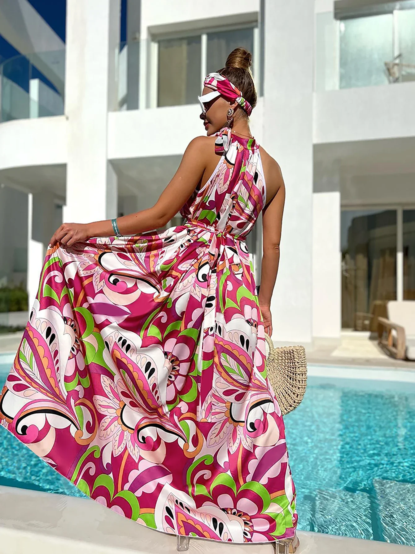여성을위한 우아한 꽃 프린트 긴 드레스 2023 패션 홀터 비치 드레스 느슨한 여름 비키니 커버 휴가 Boho 가운