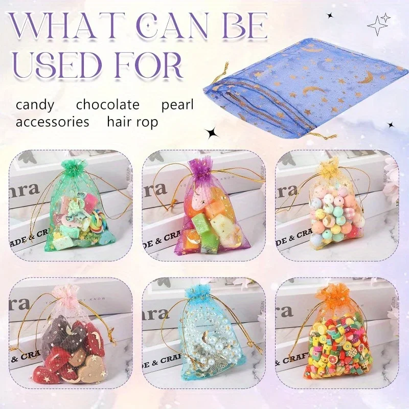 50PCS Moon Stars Drawstring Organza Bags Jewelry Gift Bags Pouches Gold Star Organza Favor Pouches for Christmas Wedding image 5