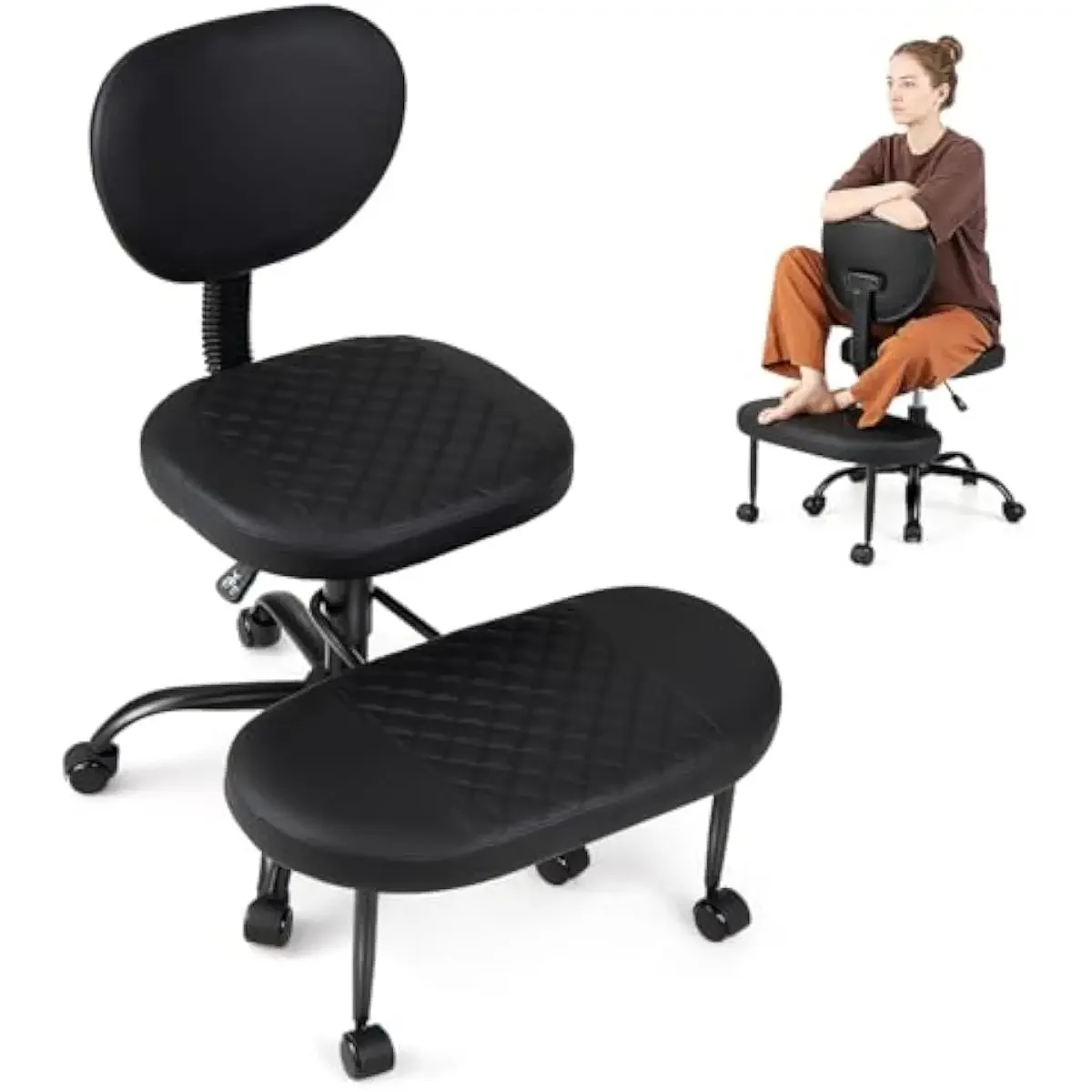 Ergonomic Cross-Legged Seat with 360-Degree Rotating Footrest Adjustable Height from 19 to 23.5 Inches Artificial Leather Uphols