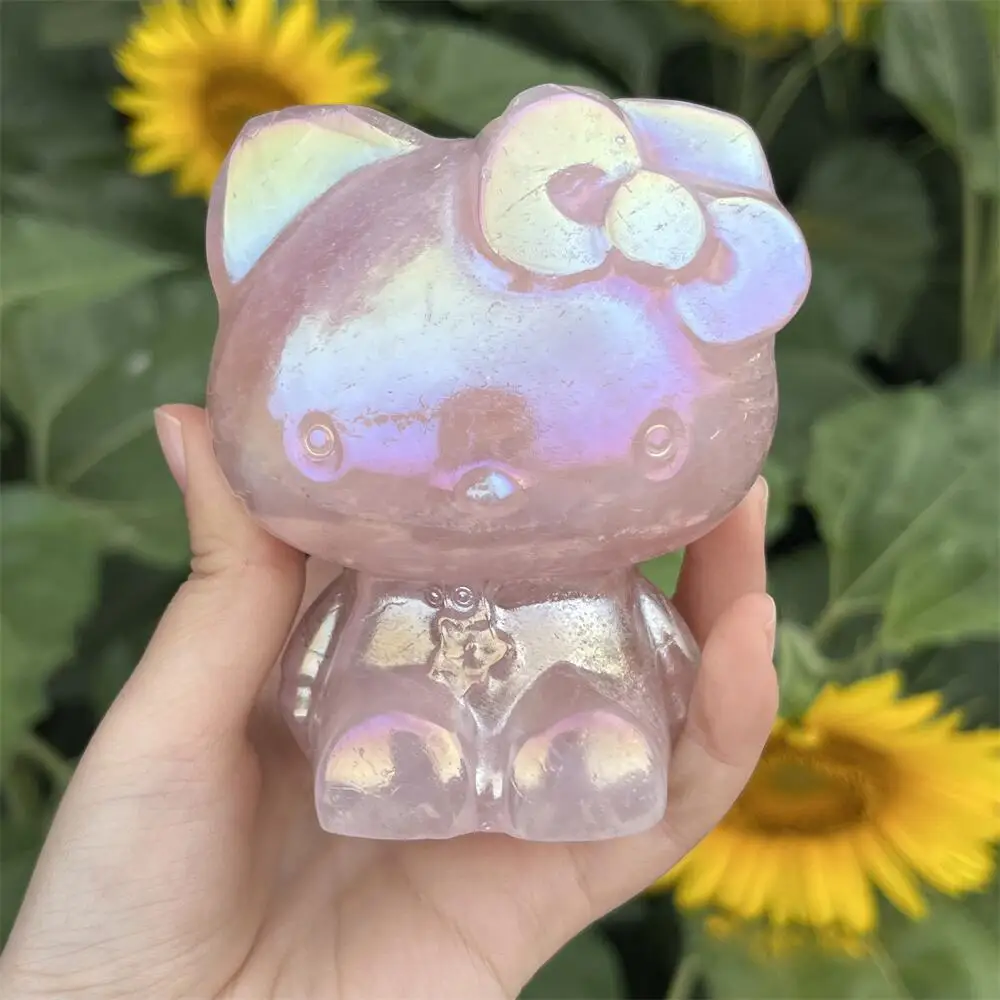 9.8cm Natural Crystal Aura Rose Quartz Sanrio Hello Kitty KT Cartoon Cat Carving Polished Healing Figurine Home Decor Craft Gift