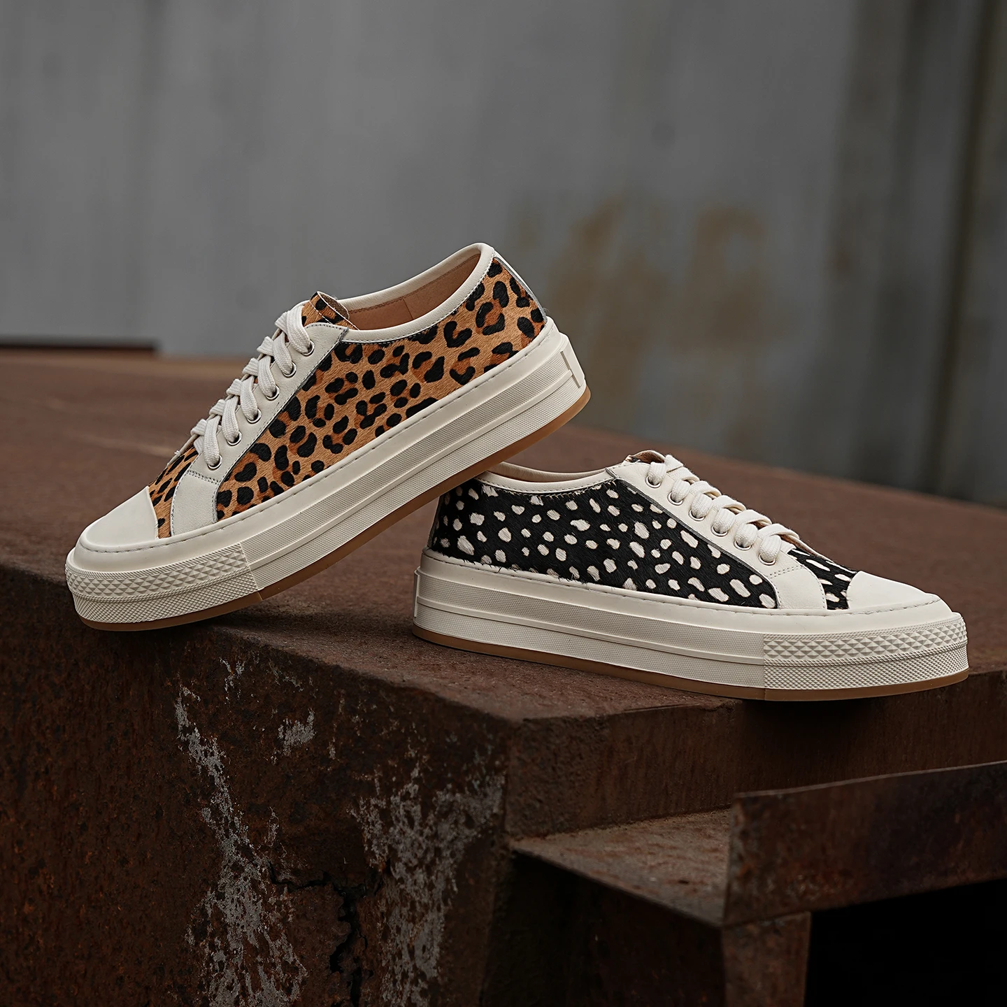 

Genuine Leather Cowhide + Horsehair Women's Sneakers ,Lace-Up Work Flats Chunky Sports Casual Shoes, Fashion Leopard Women Shoes