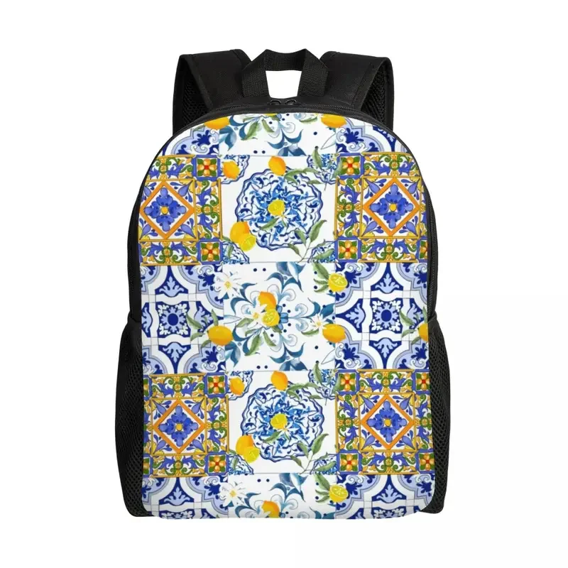 Mochila de viaje con diseño de limones de frutas para hombre y mujer, morral de viaje con diseño de azulejos del Mediterráneo, ideal para estudiantes universitarios