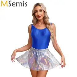 Womens Two Pieces Swim Outfit Clubwear Backless High Cut Bodysuit with High Waist Zipper Back See-Through Ruffled Flared Skirt