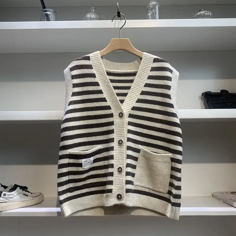 Spring Autumn New V-neck Striped Knitted Vest Cardigan Women's Korean Version Loose Casual Versatile Sweater  Sleeveless Jacket