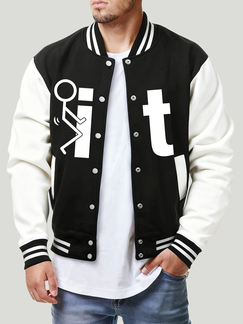 

Kick It Funny Stick Man Prints Baseball Jersey Men'S Autumn Fashion Coats Basics Pocket Fleece Warm Jackets Loose Casual Clothes