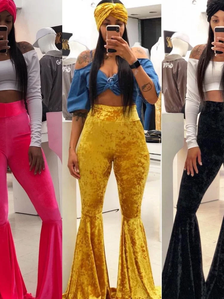 Wish Women's Gold Velvet Candy Color Wide Leg Pants High Waist Flared Trousers Multiple Colors Available Casual Wear