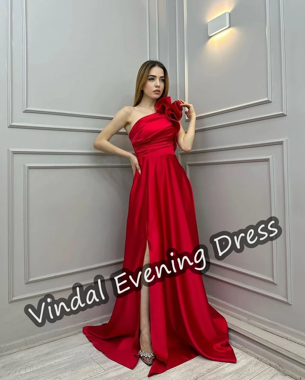 Vindal One Shoulder Evening Dress Floor Length A-Line Elegant Built-in Bra Satin Sexy Saudi Arabia Short Sleeves For Woman 2024