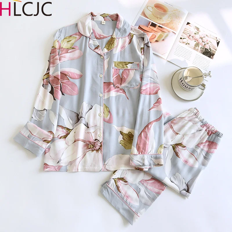 2024 Spring Autumn New Women's Pajama Set Print Sleepwear Gongsatin Cotton Women's Pajama Silk Viscose Fiber Silk Smooth Pijamas