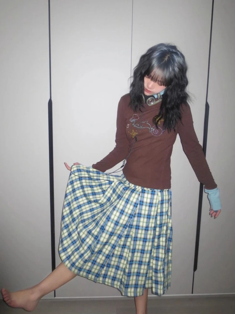 

Spliced Diamond Y2k Spicy Girl Blouse Slim Long Sleeve Patchwork High Neck Cartton Pattern 2000s Style Vintage T-shirt Autumn