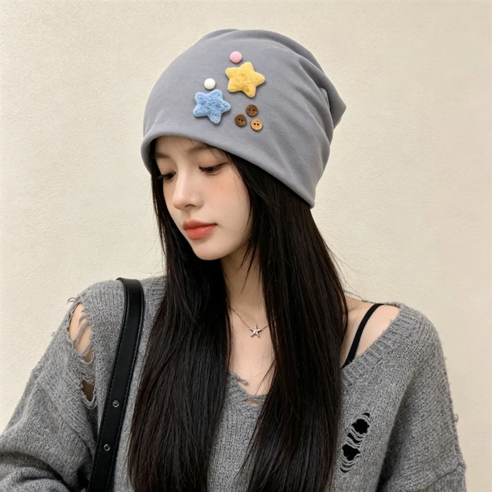 Durable Japanese Style Women's Beanie Star Detail Windproof Skull Cap Warm Pull-On Hat Cold Weather