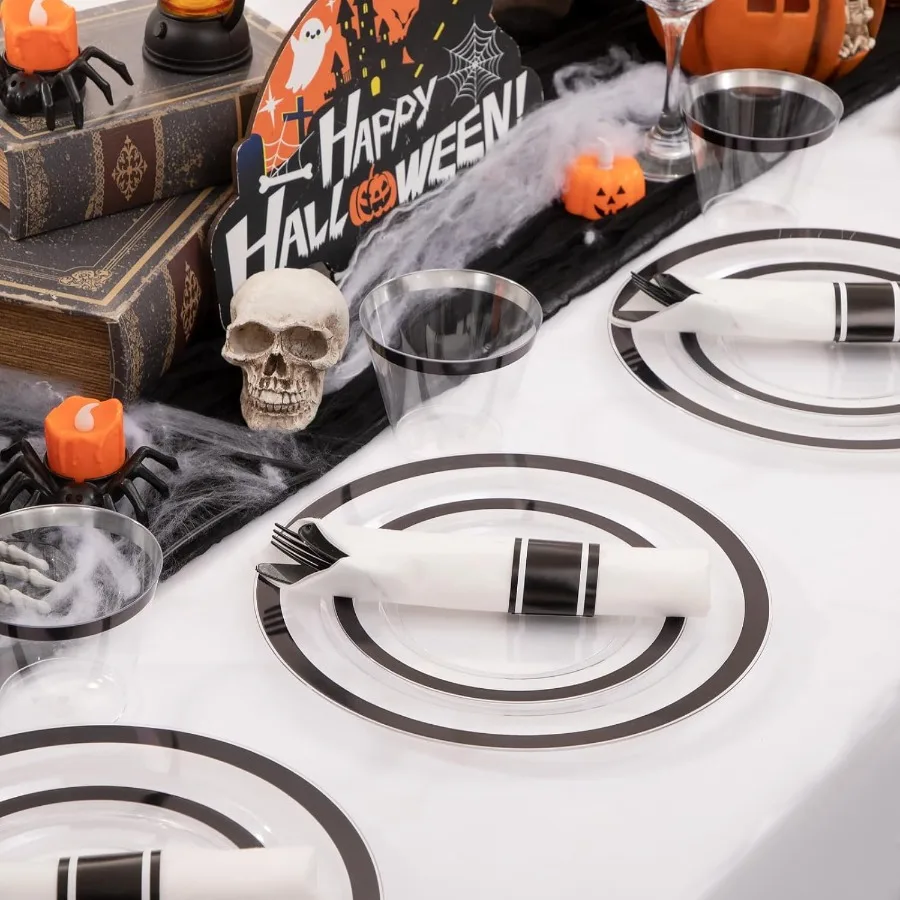 Placas transparentes com borda preta para 50 convidados, 350 peças, incluem 100 placas transparentes descartáveis, 150 talheres pretos, 50 guardanapos