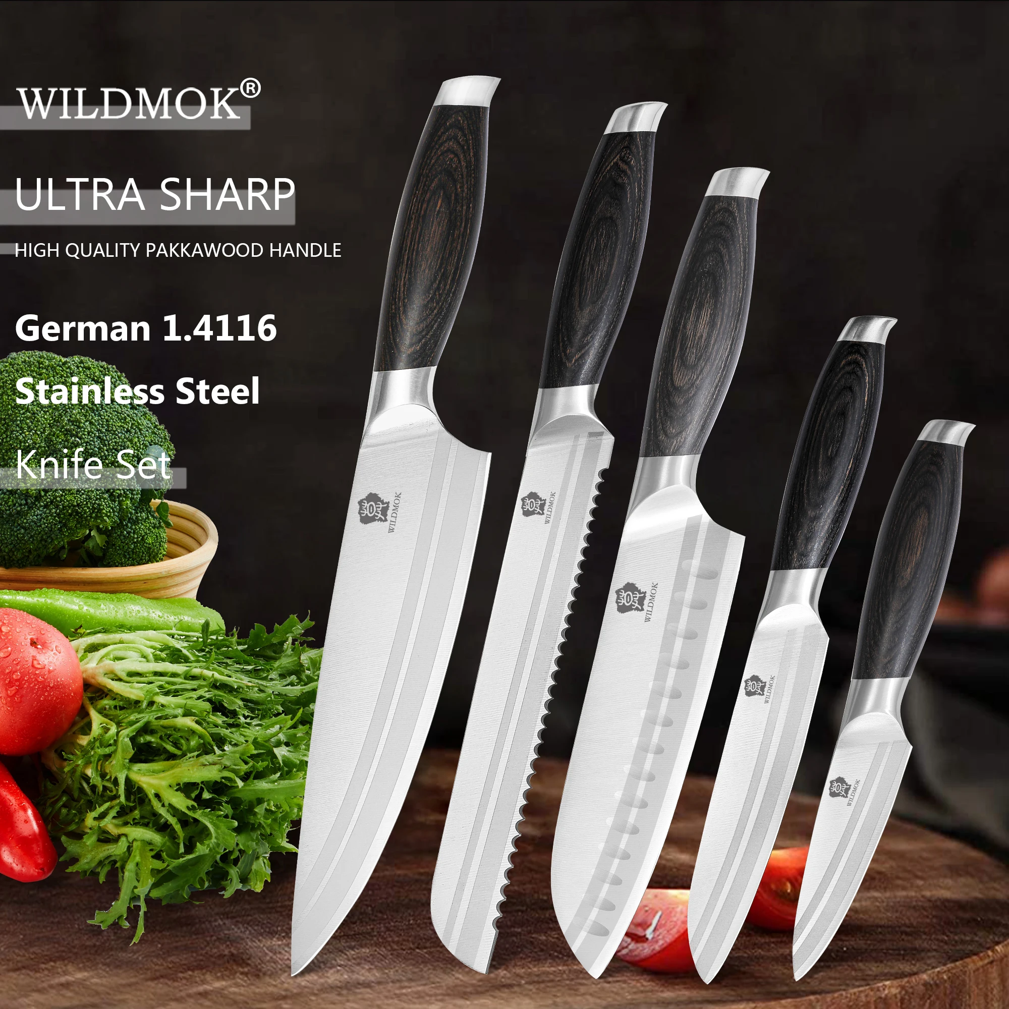WILDMOK Professional Knife Set, 5 Pieces Knife Set, German Stainless Steel Chef Knife Set withGift Box, Black Pakkawood Handle