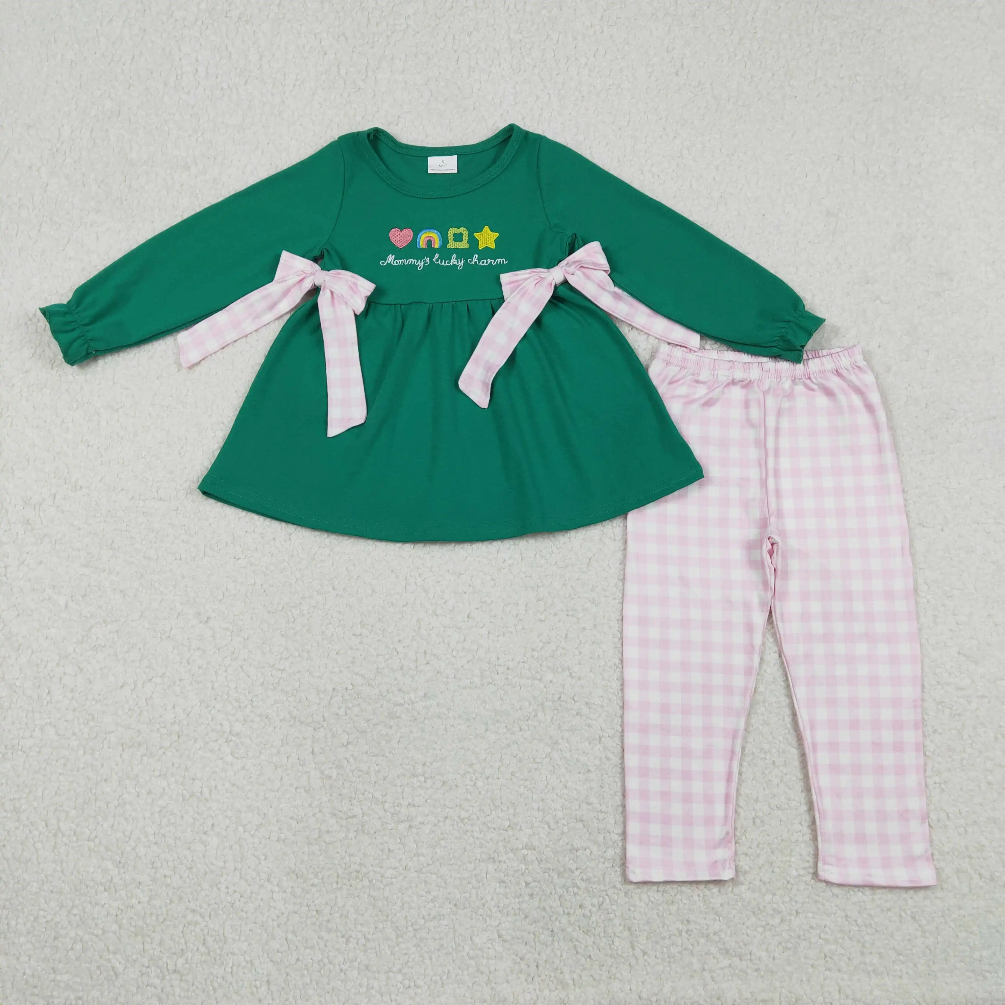 

X12.15 GLP3066 New girls' embroidered heart and four-leaf clover pink and white checkered bow green long-sleeved pants suit