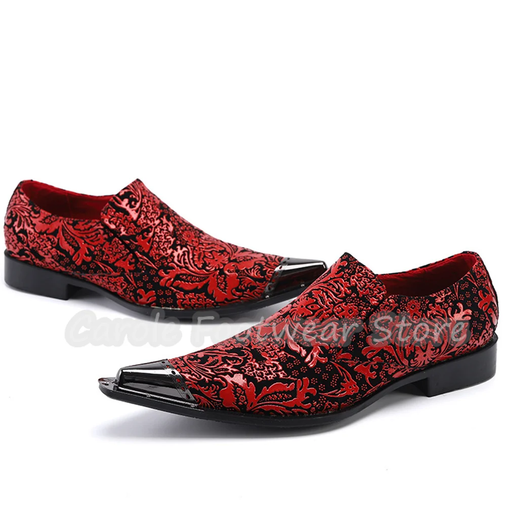Luxury Baroque Red Floral Print Male Dress Shoes Metal Pointed Toe Chunky Heel Loafers Formal Wedding Party Leather Footwear