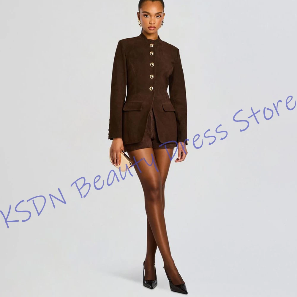 

Modern Women's Suede Clothes Mandarin Collar Single Breasted Suits 2Piece(Blazer+Shorts) Set Retro-Chic Cocktail Parties Outfit