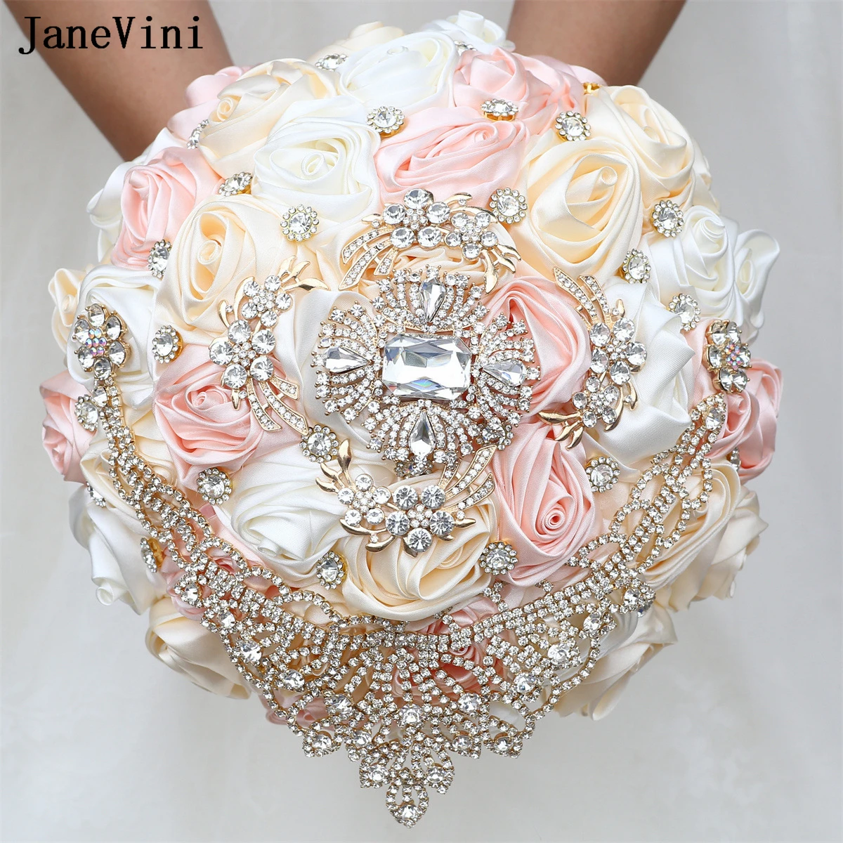 JaneVini Elegant Light Pink Ivory Bridal Bouquets Luxury Rhinestone Crystal Ribbon Roses Fake Flower Bouquet Wedding Accessories