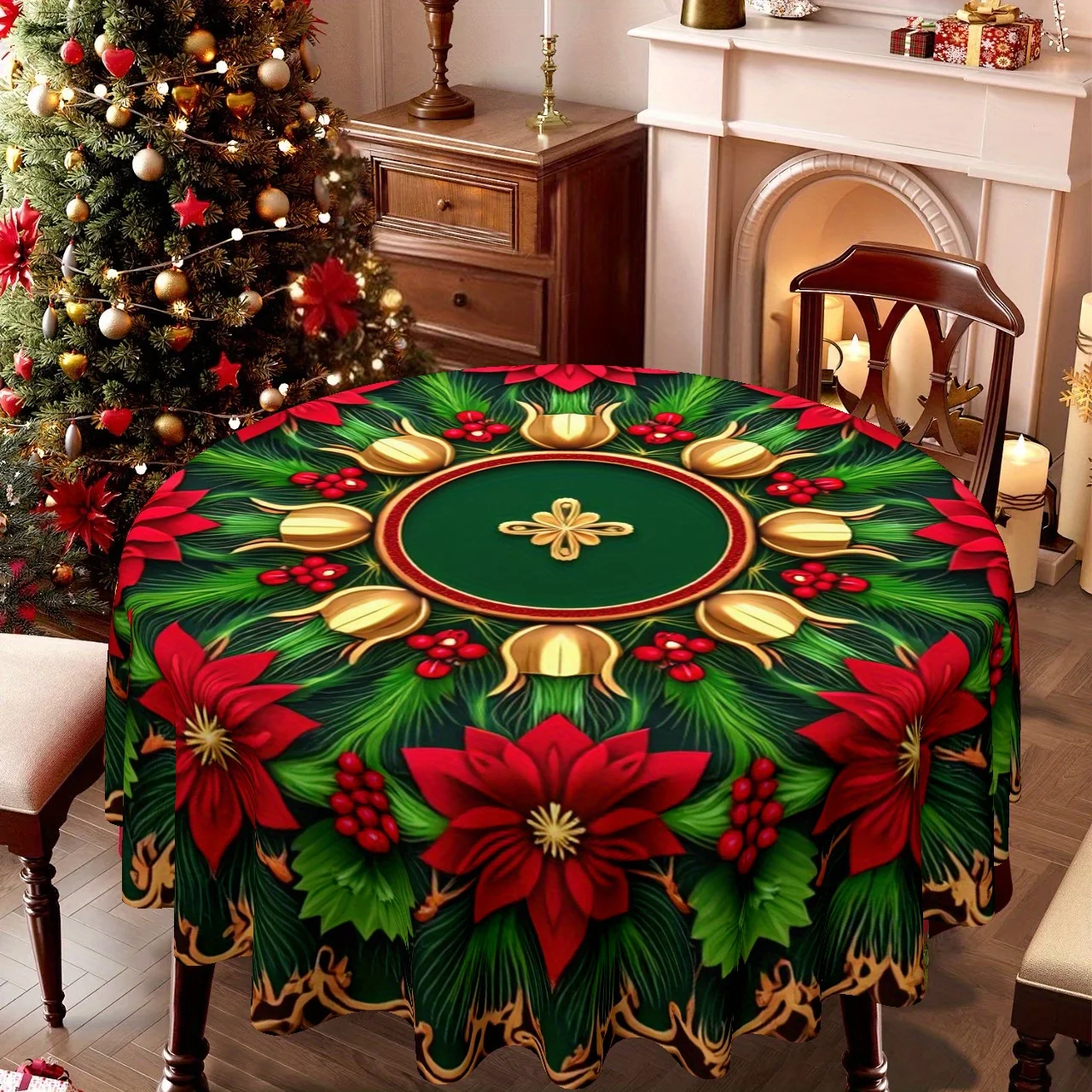 Single dining table cover, Christmas-themed design, with Christmas flowers and daisies