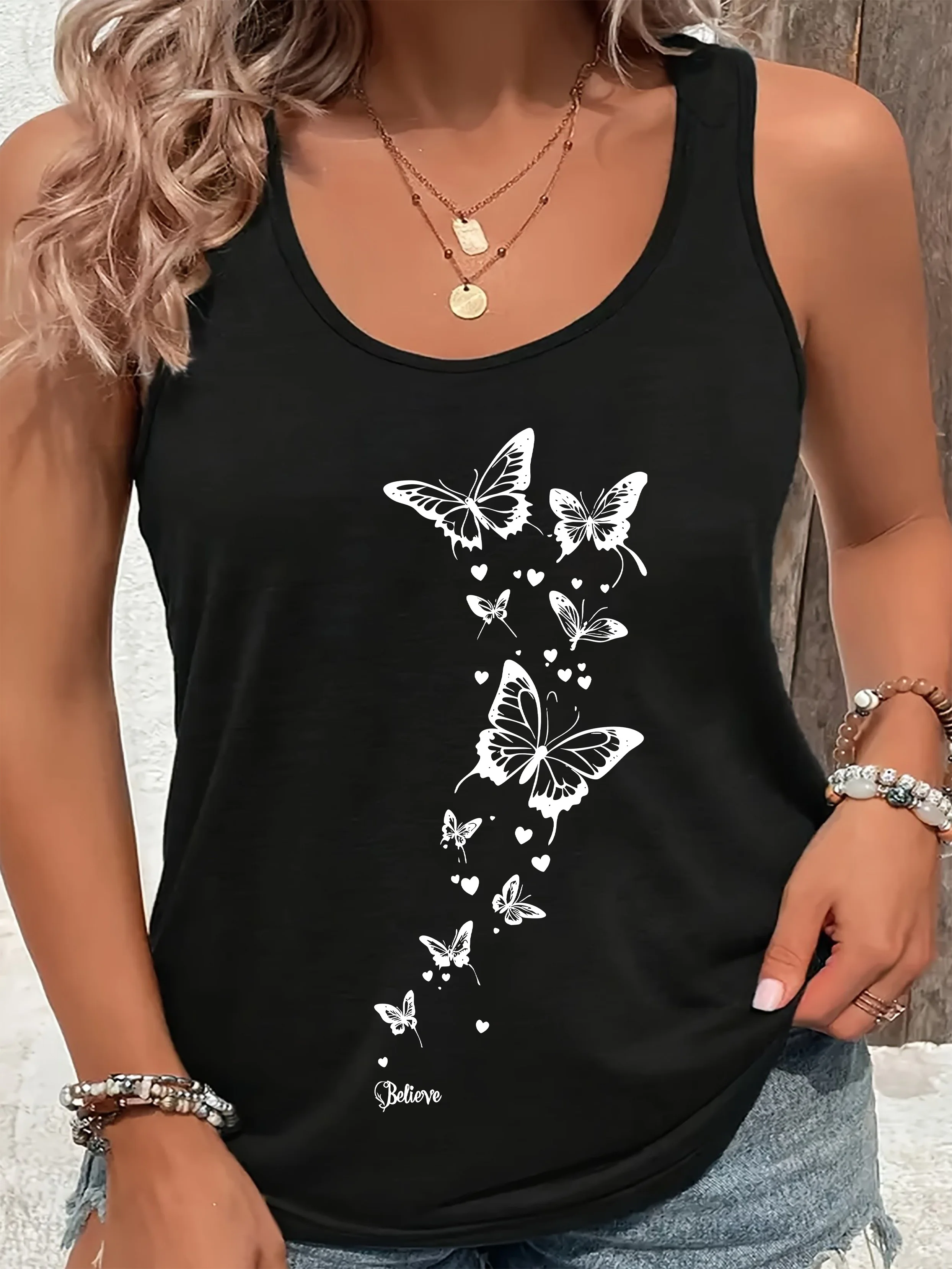 Loose plus size wing pattern printed round neck white vest summer casual sleeveless top women's clothing