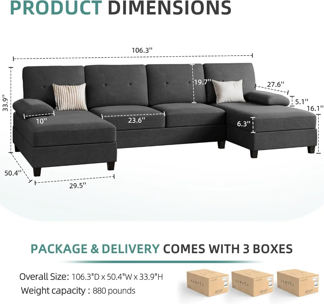 Sectional Sofa Couches for Living Room, Living Room Furniture Sets Clearance, 4 Seat U Shaped Sofa Sectional Couch with Chaise