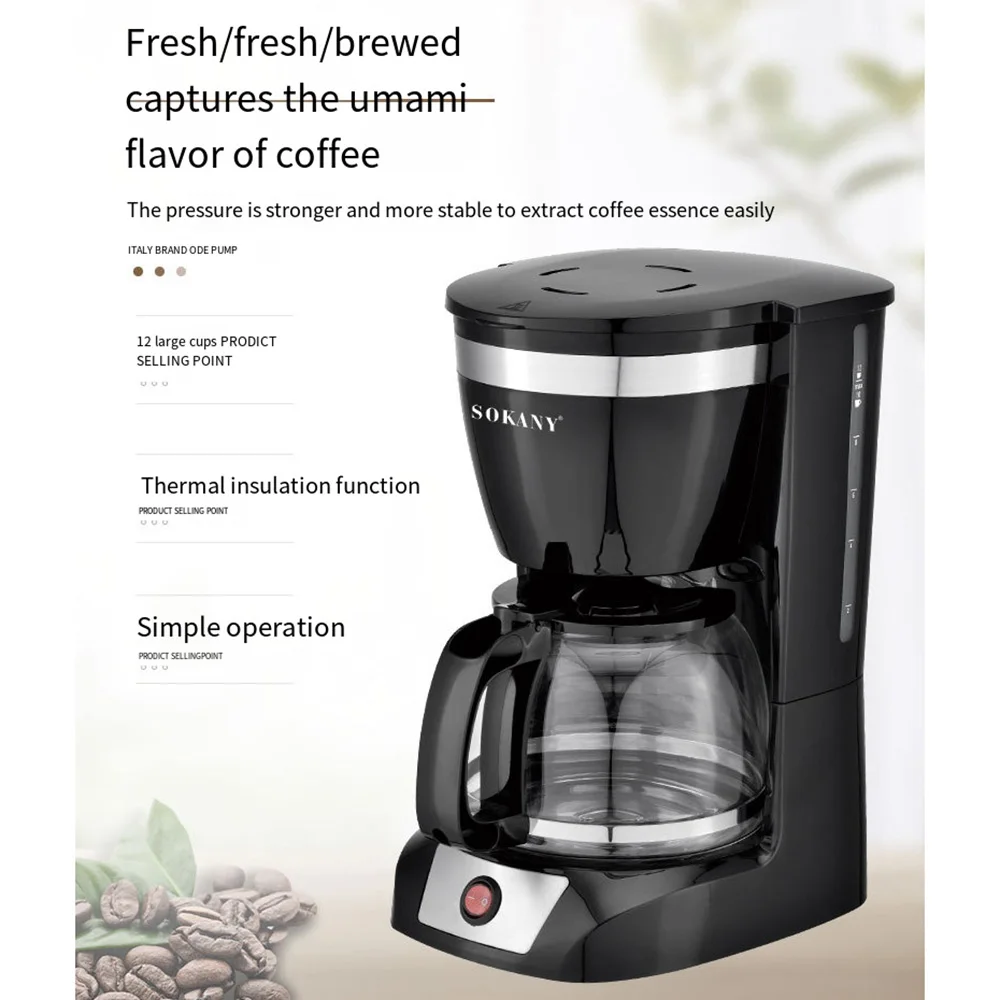 

950W 12 Cups Electric Coffee Maker Brews Tea Office 24 Hours Insulation Automatic American Drip Coffee Machine Home Appliance