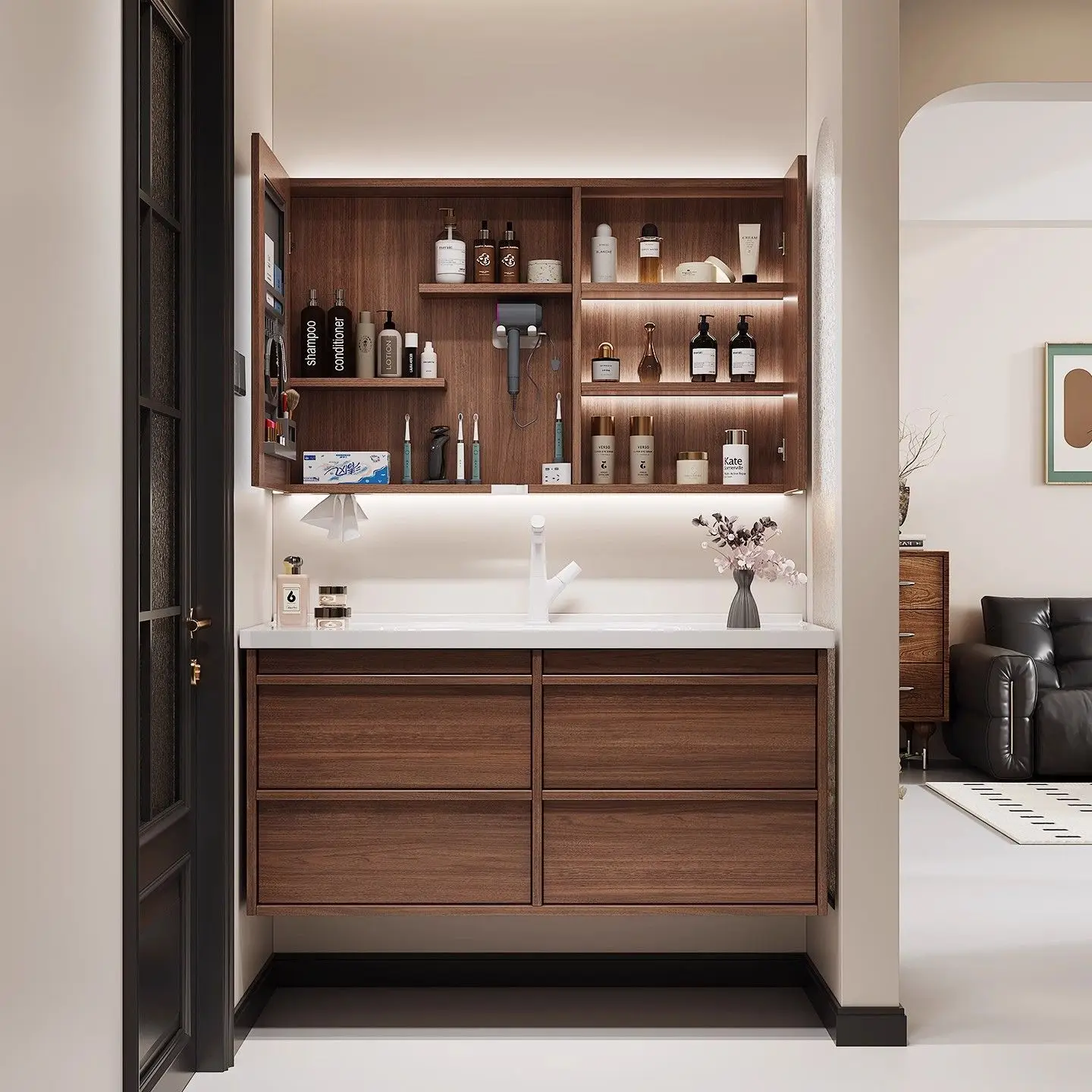 New chinoiserie skeleton line walnut color bathroom cabinet smart bathroom washbasin washbasin combination cabinet