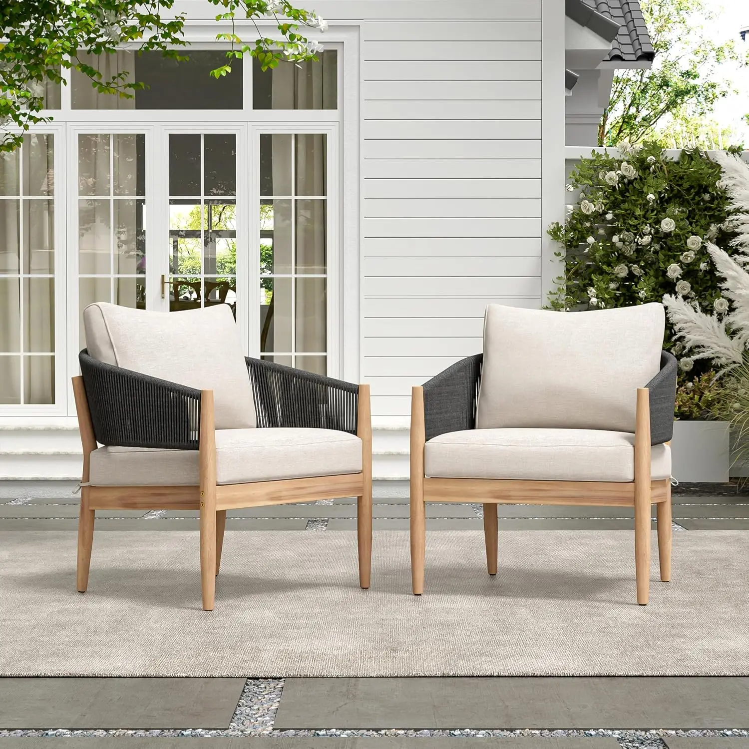 Set of 2 Patio Wood Club Chair with Cushions, Handwoven Rope Lounge Chair Outdoor for Porch/Backyard,Customized