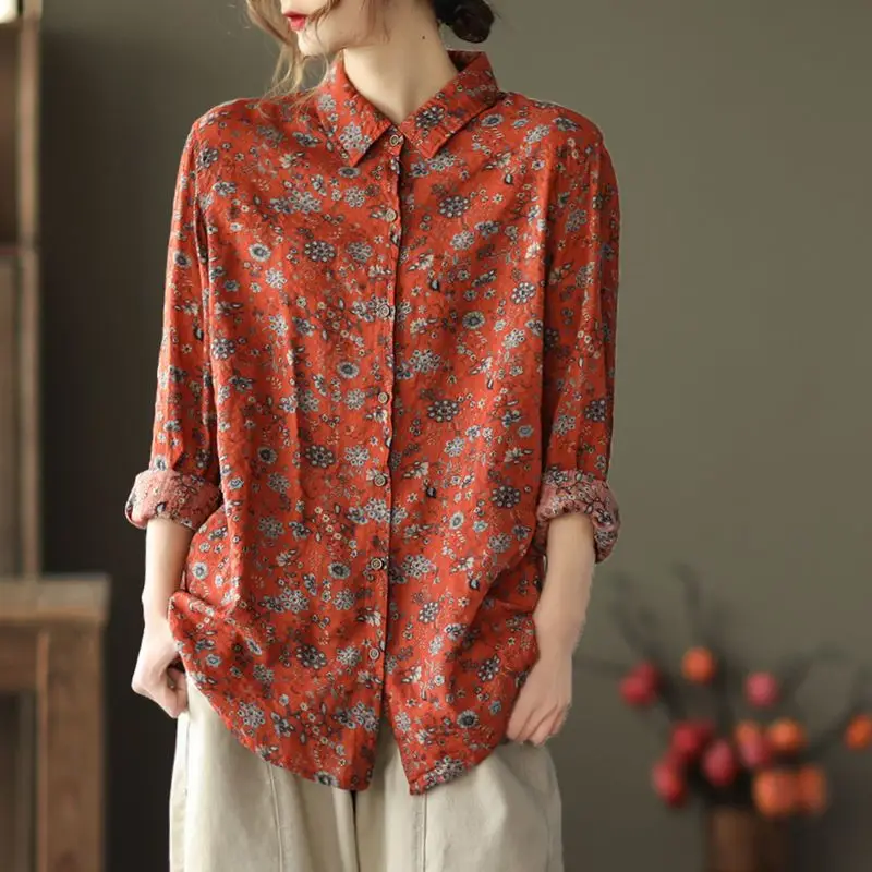 Spring and Autumn New Style Retro Literary Floral Long Sleeve Cotton Shirt Women's Casual Versatile Loose Cotton and Linen Top