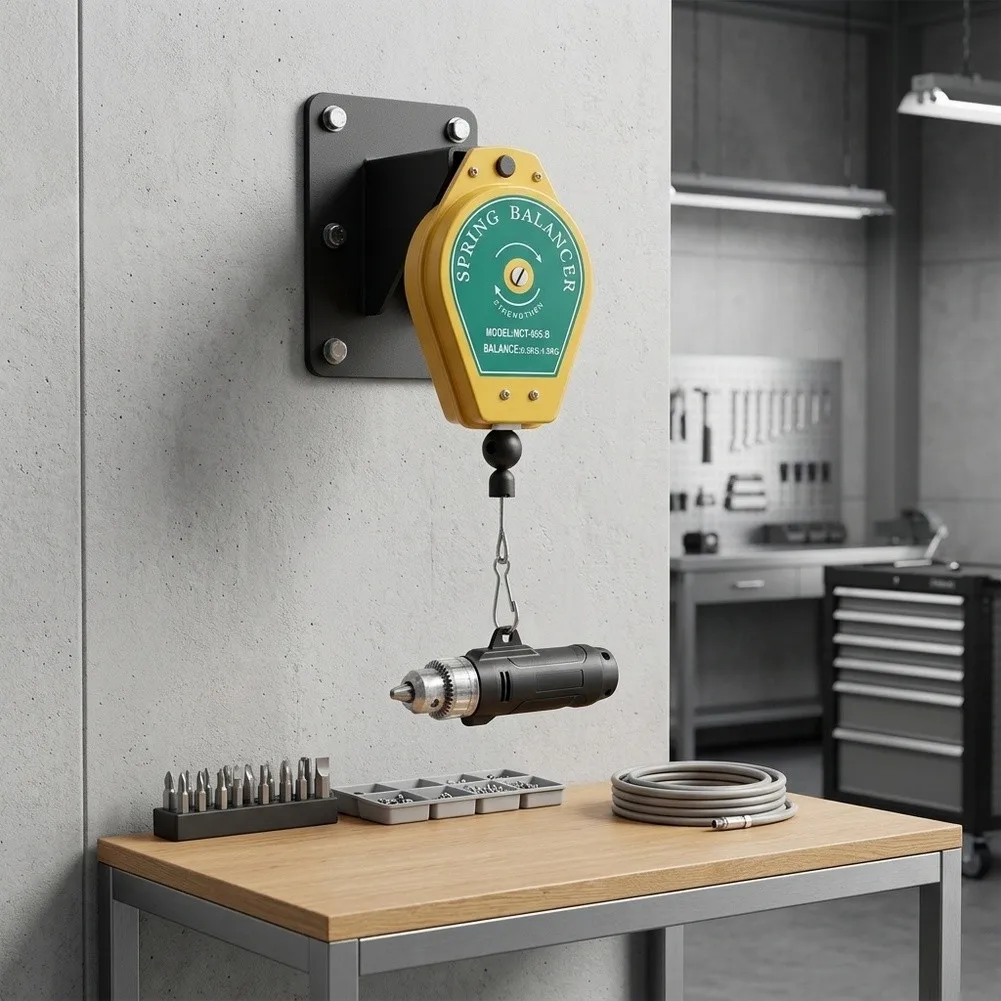 Factory-Grade Spring Balancer with Guide Rails and Sealed Housing to Minimize Injury Risk and Improve Tool Accessibility