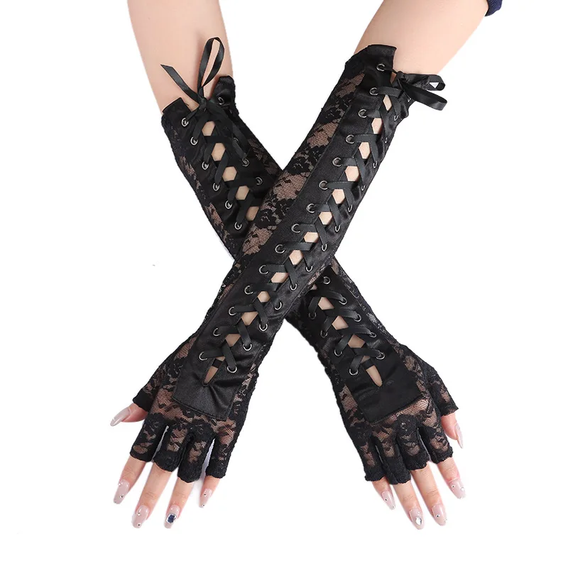 Women Sexy Floral Lace Elbow Length Half-finger Gloves black String Ribbon Ties Up Dance Party Fingerless Fishnet Mittens