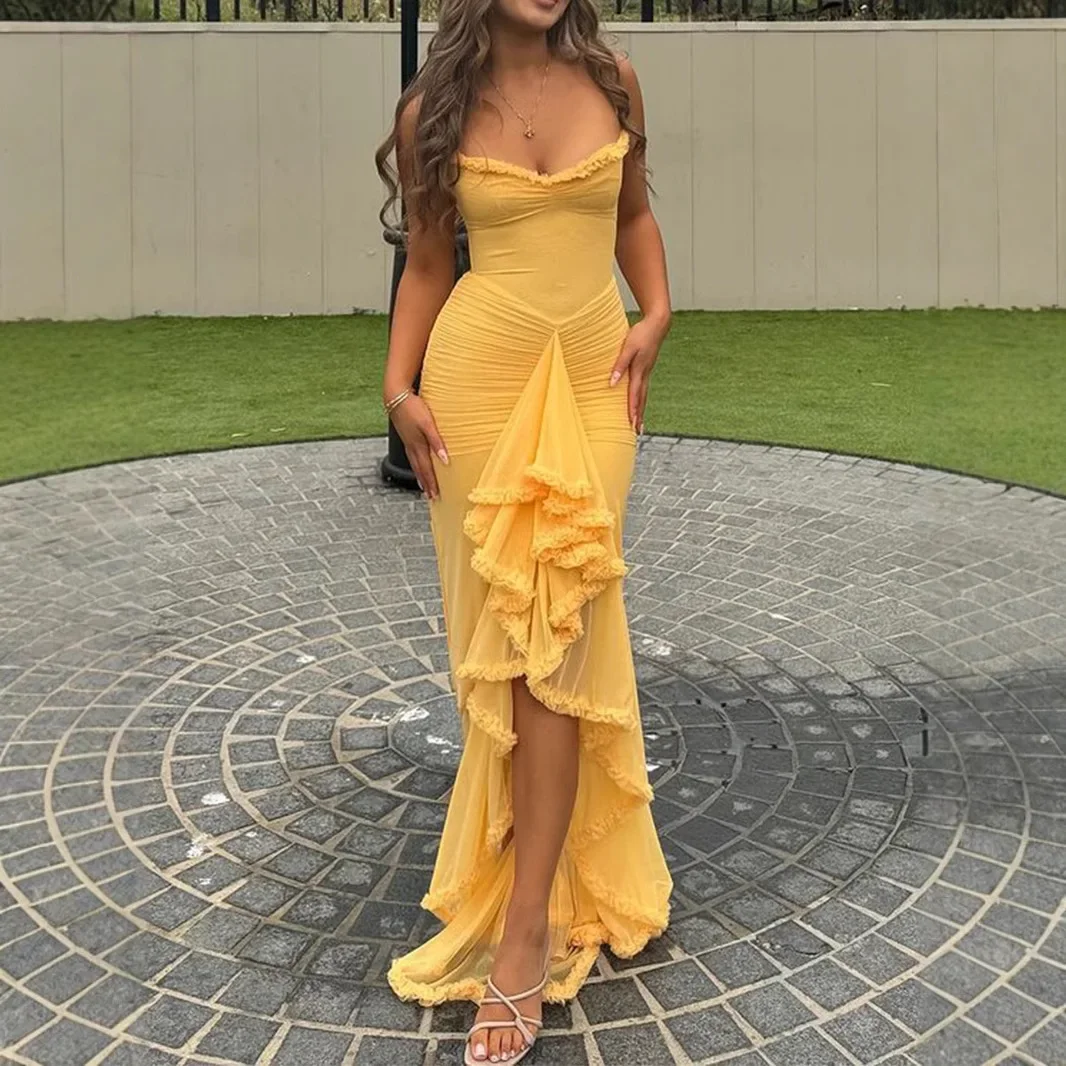 

Fashion Sexy Spaghetti Strap Ruffle Irregular Bodycon Party Club Evening Dress Women Mesh Suspender Spring Summer Holiday Beach