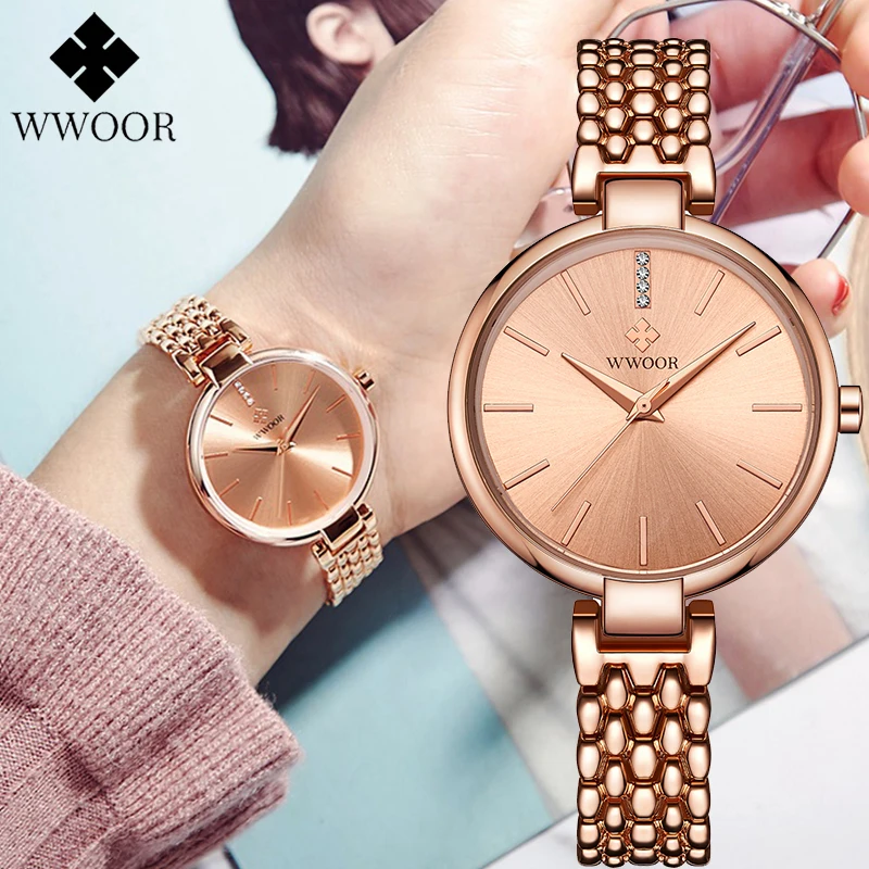 WWOOR Women Watch Top Brand Luxury Rose Gold Ladies Bracelet Watch Stainless Steel Waterproof Quartz Wristwatch Relogio Feminino