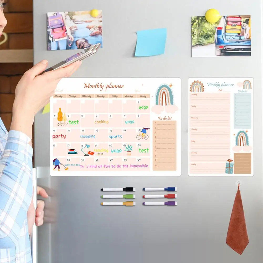 Refrigerator Calendar Efficient Weekly Planning Scratch-proof Magnetic Fridge Calendar Kit with Pens Organize Schedule Stay