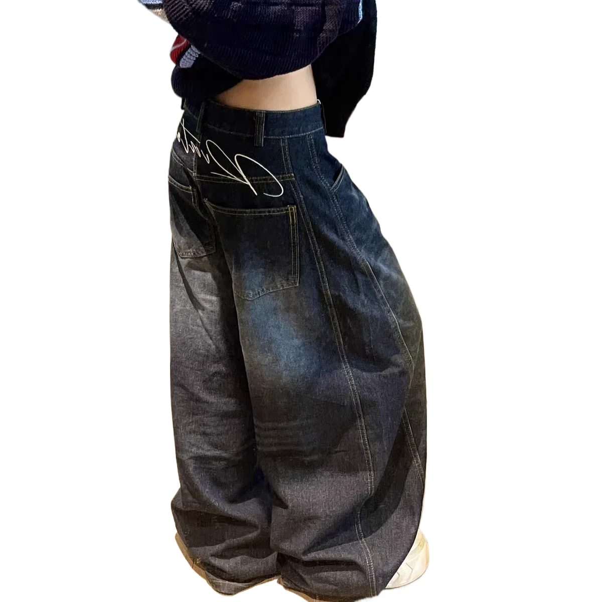 Damskie luźne jeansy Y2K w stylu baggy, niebieskie, sprane, vintage spodnie cargo z szerokimi nogawkami, oversize, spodnie y2k. — zdjęcie 2