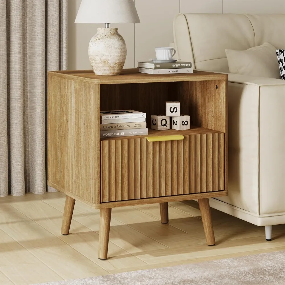 

Fluted Night Stand, Night Stands with Drawer Open Shelves and Curved Profile Design, Wooden Bedside Table Modern Design End Tab
