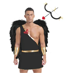 Mens Valentine Cupid Cosplay Costume Carnival Party Roman God of Love Dress Up One Shoulder Bodysuit with Cuffs Wings Bow Arrow
