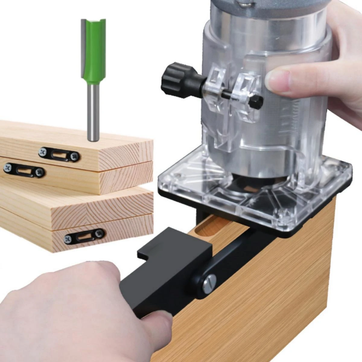 2-in-1 Invisible Fastener Slotting Bracket, Cabinet Panel Punch Locator with Positioning Rod, Handheld Wood Router Edge Trimming