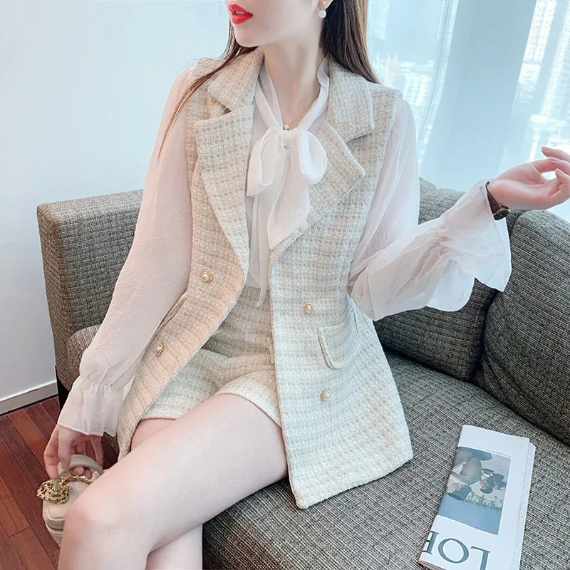 

Autumn Winter Tweed Set Women 2021 New Fashion Suit Jacket+High Waist Short Skirt+White Bow Tie Shirt Top Three-piece Female